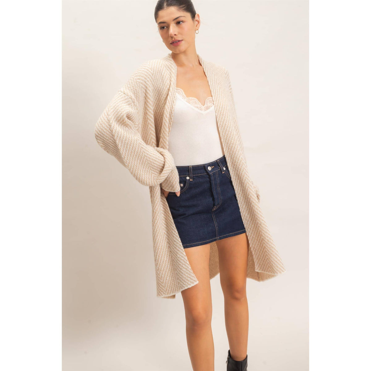 Herringbone Pattern Open-Front Cardigan