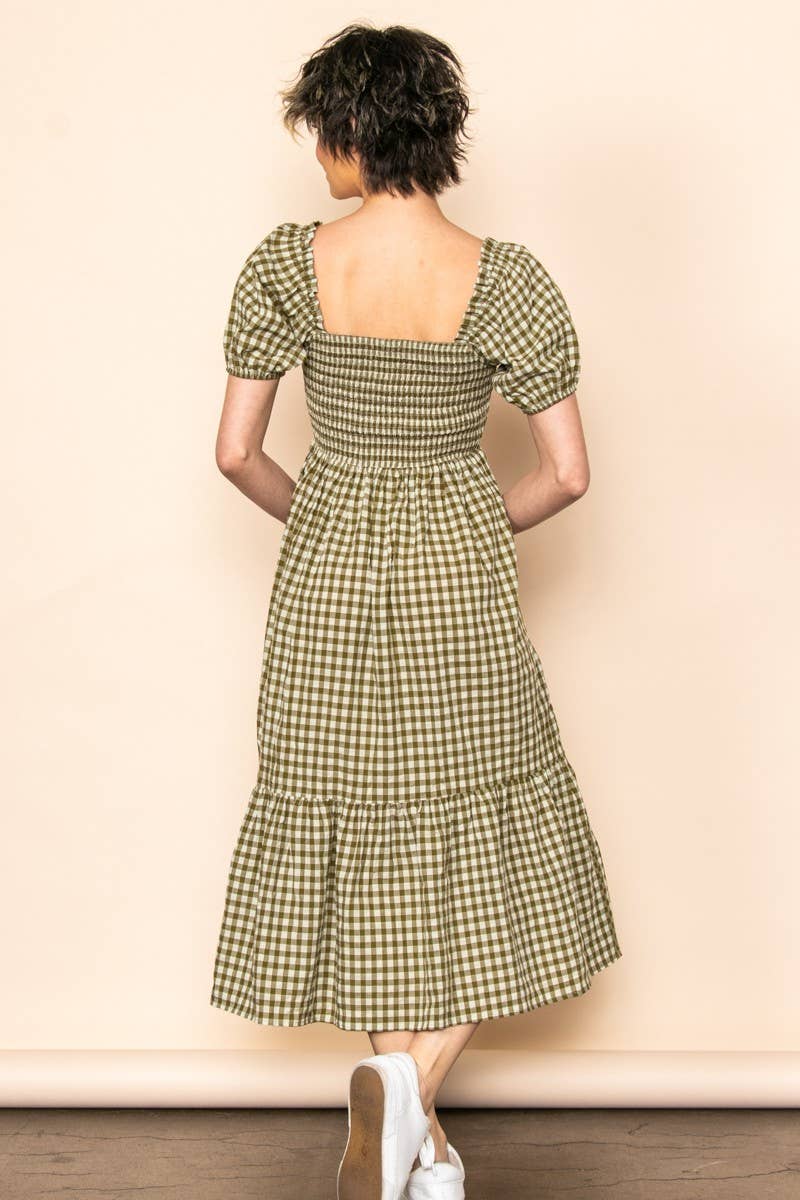 Gingham Puff Sleeves Midi Dress