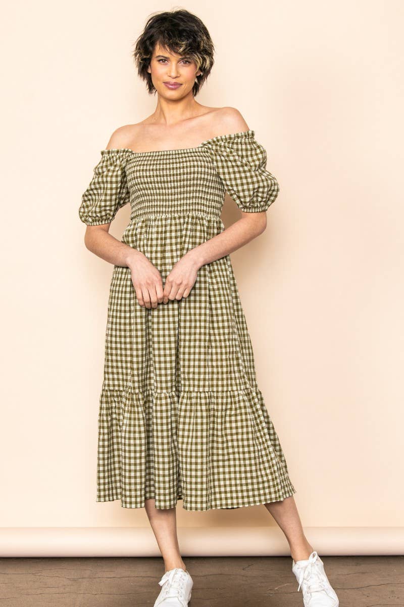 Gingham Puff Sleeves Midi Dress