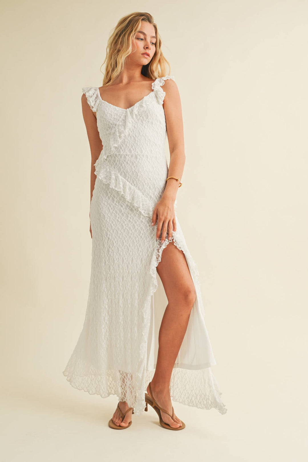 RUFFLE LACE STRAP FRONT SLIT DRESS