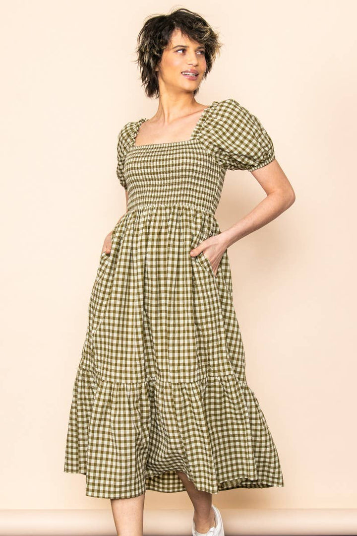 Gingham Puff Sleeves Midi Dress
