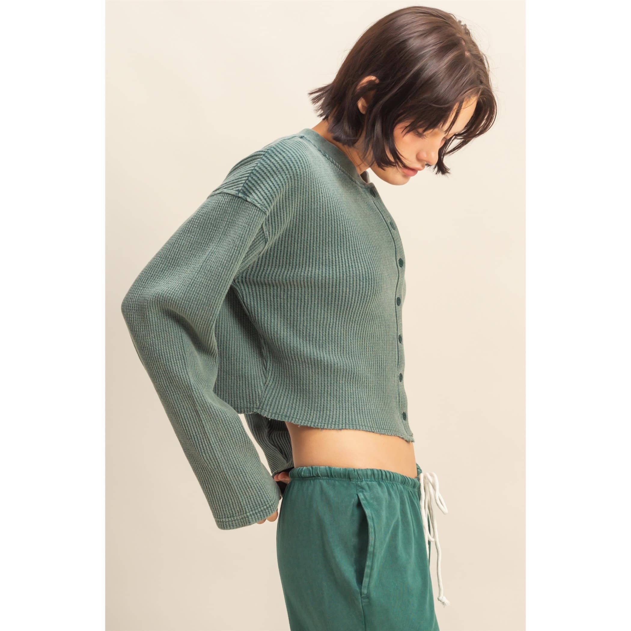 Waffle Long Sleeve Buttoned Crop Top