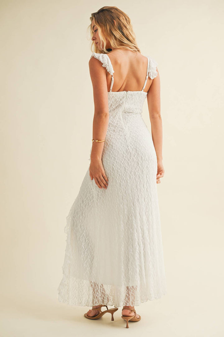 RUFFLE LACE STRAP FRONT SLIT DRESS