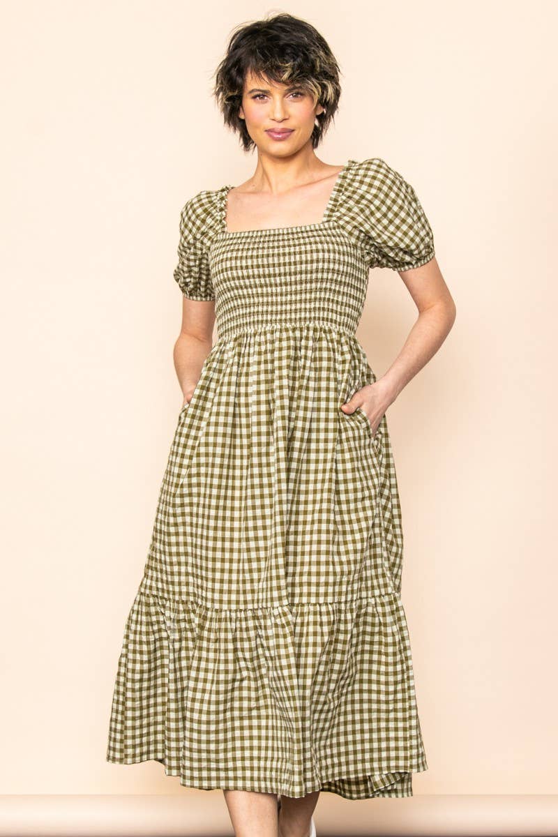 Gingham Puff Sleeves Midi Dress