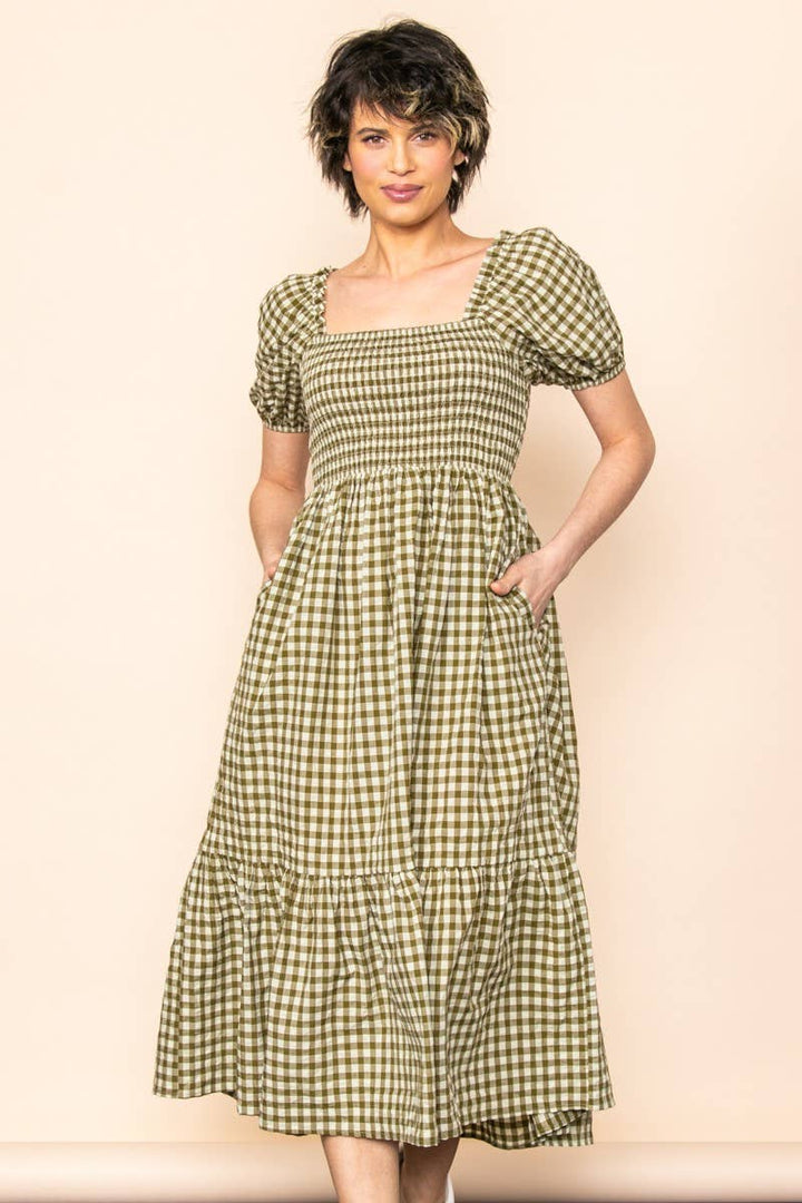 Gingham Puff Sleeves Midi Dress