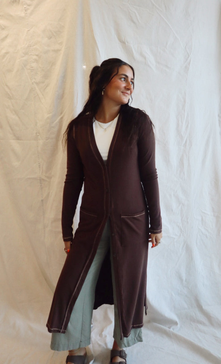Revers Stitch Solid Long Cardigan