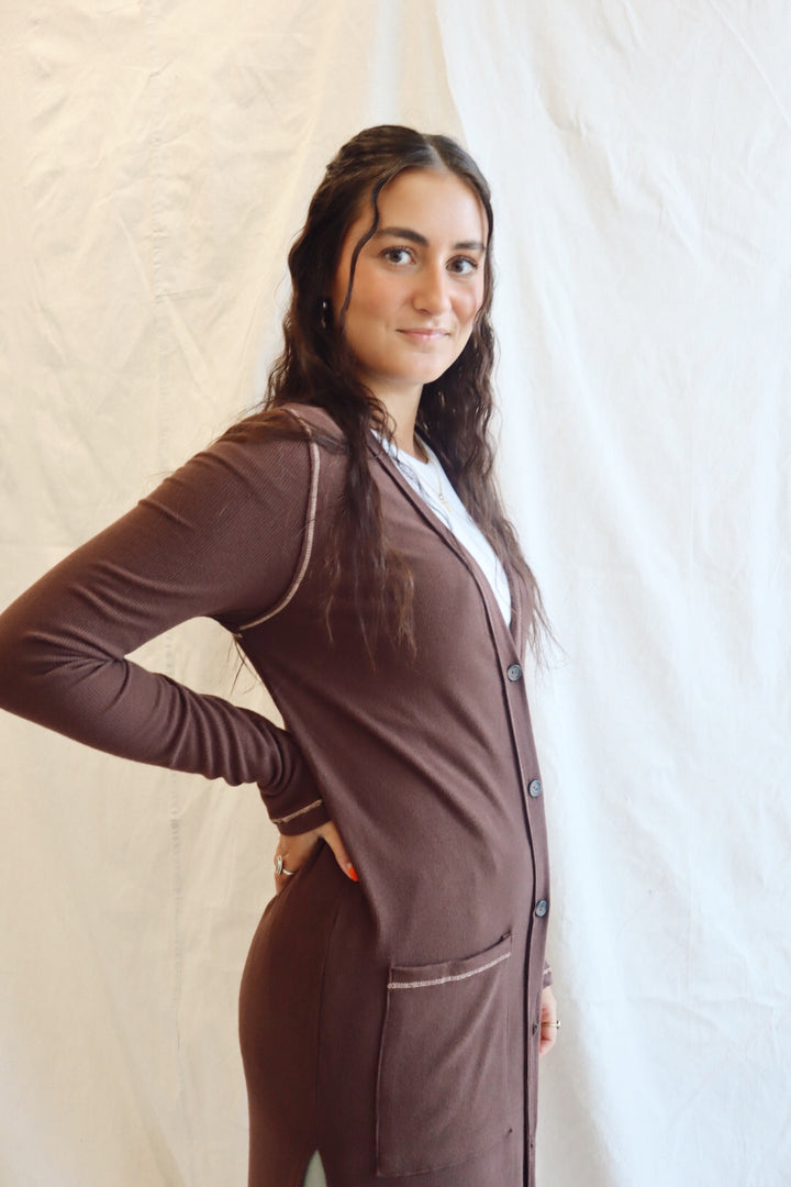 Revers Stitch Solid Long Cardigan