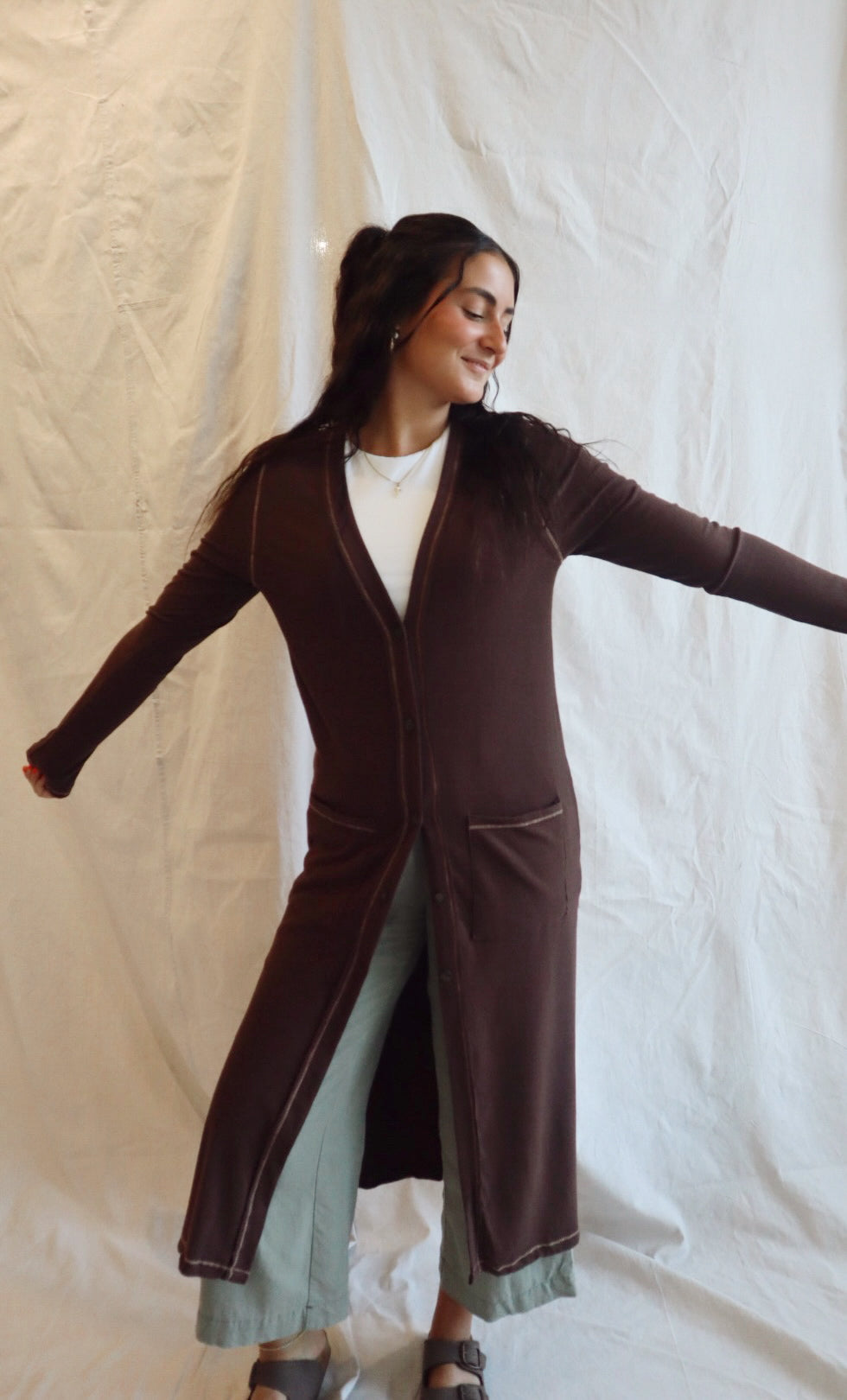 Revers Stitch Solid Long Cardigan