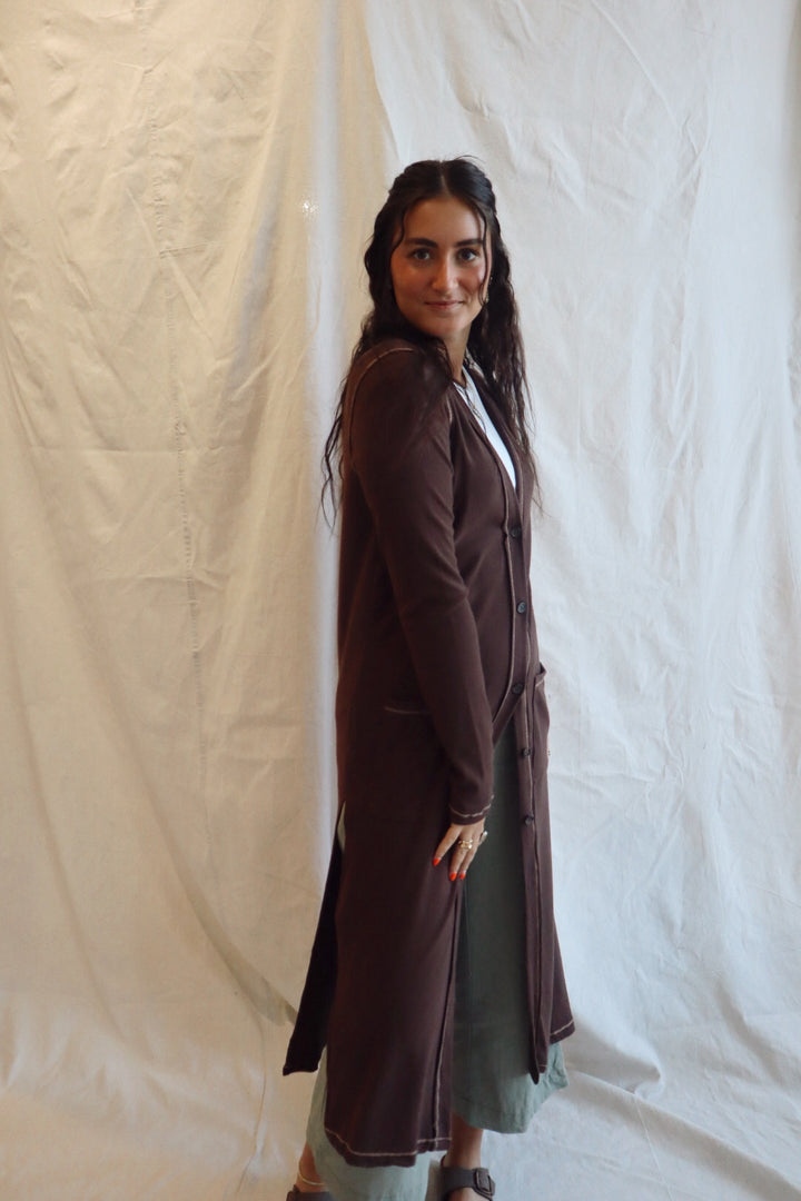 Revers Stitch Solid Long Cardigan