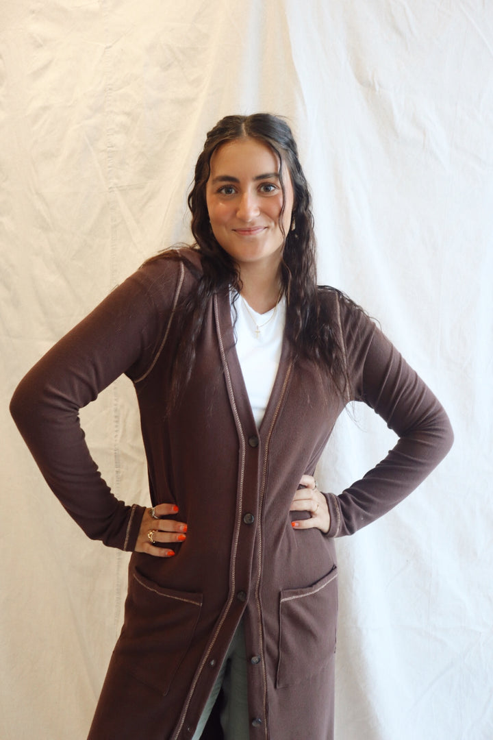 Revers Stitch Solid Long Cardigan