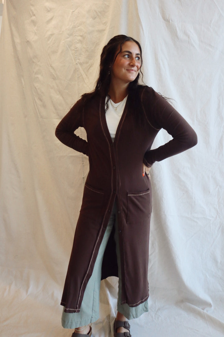 Revers Stitch Solid Long Cardigan