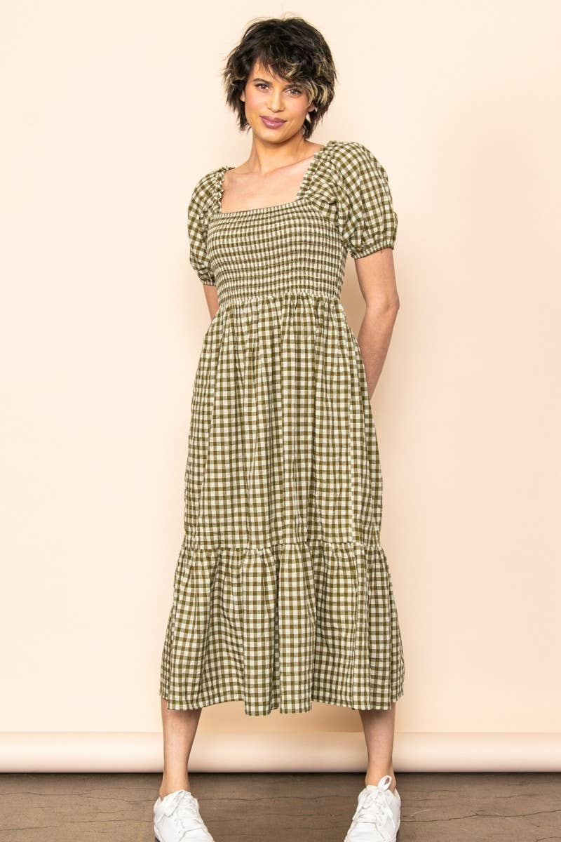 Gingham Puff Sleeves Midi Dress