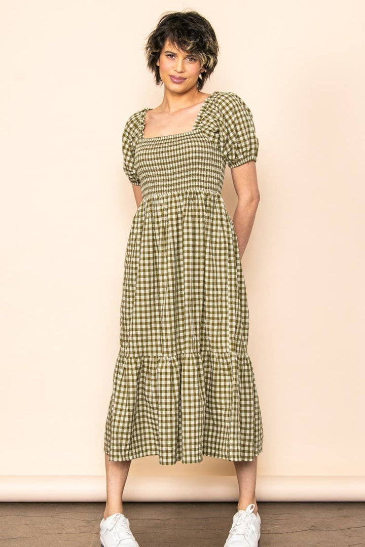 Gingham Puff Sleeves Midi Dress