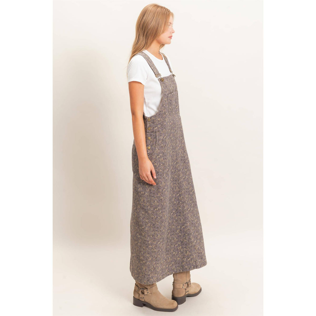 Floral Garment Wash Overall Dress