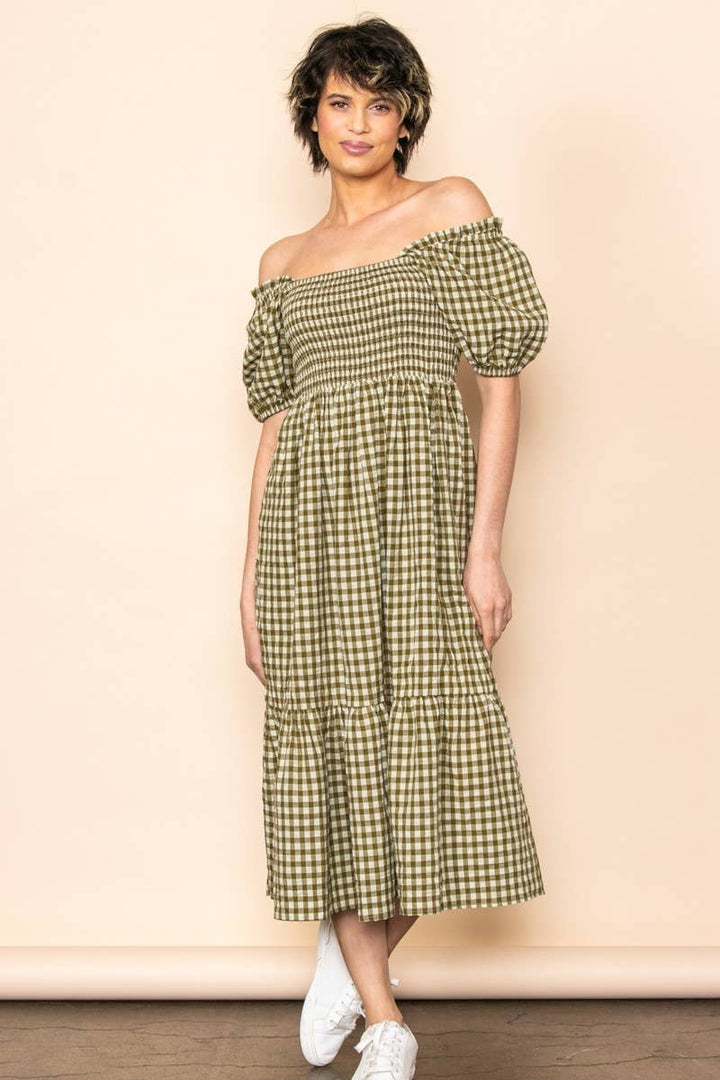 Gingham Puff Sleeves Midi Dress
