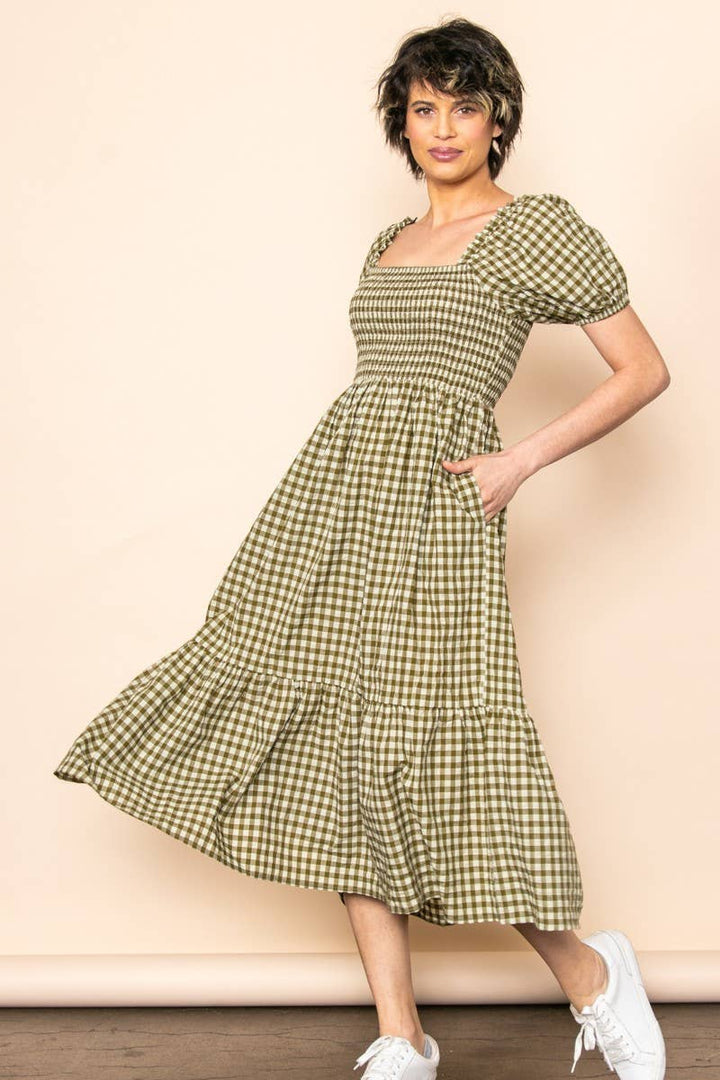 Gingham Puff Sleeves Midi Dress