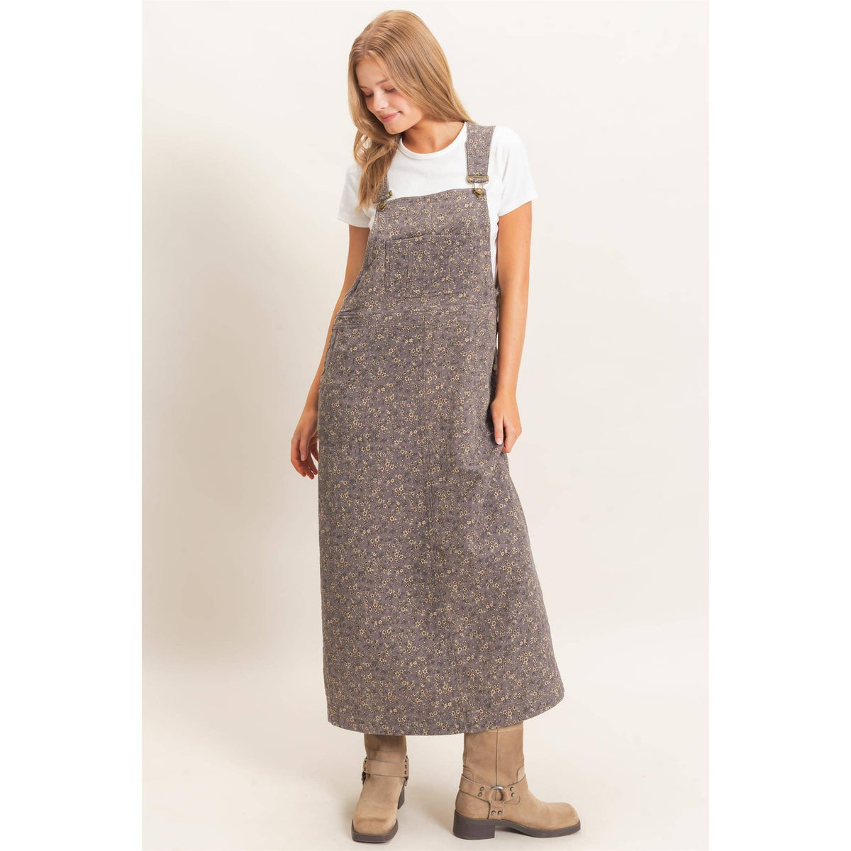 Floral Garment Wash Overall Dress