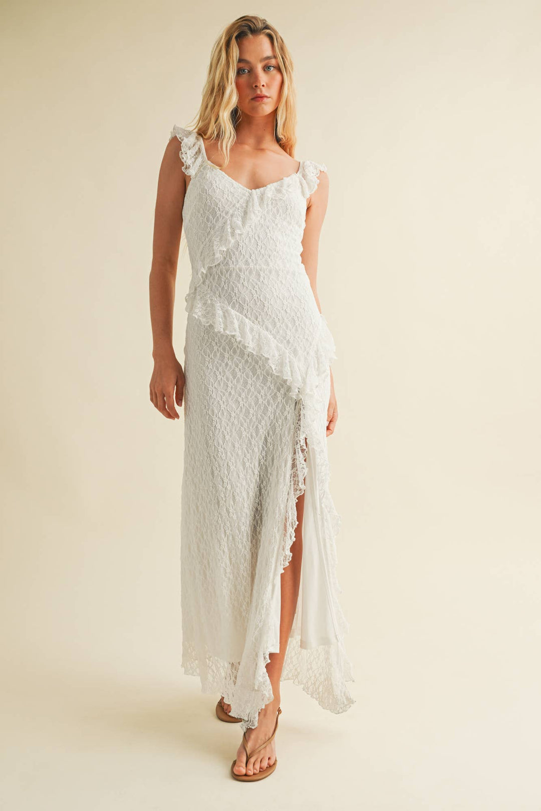 RUFFLE LACE STRAP FRONT SLIT DRESS