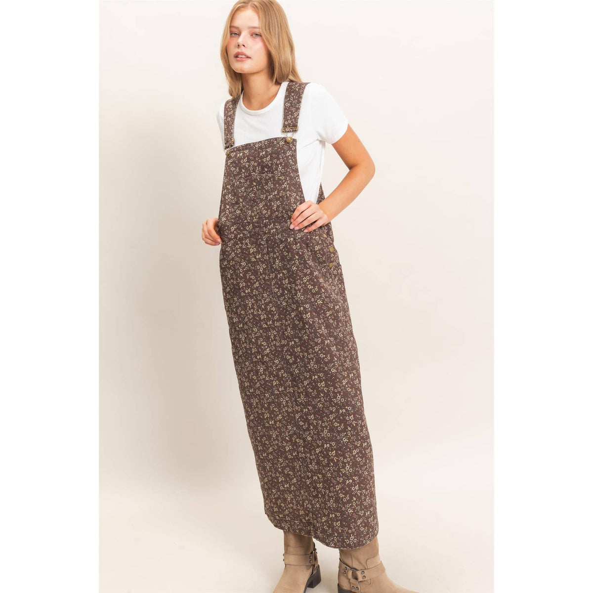 Floral Garment Wash Overall Dress
