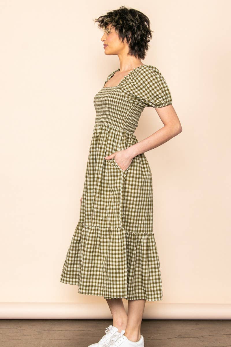 Gingham Puff Sleeves Midi Dress