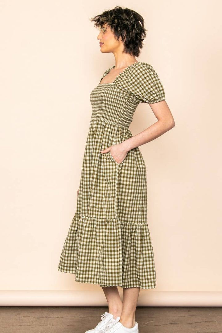 Gingham Puff Sleeves Midi Dress