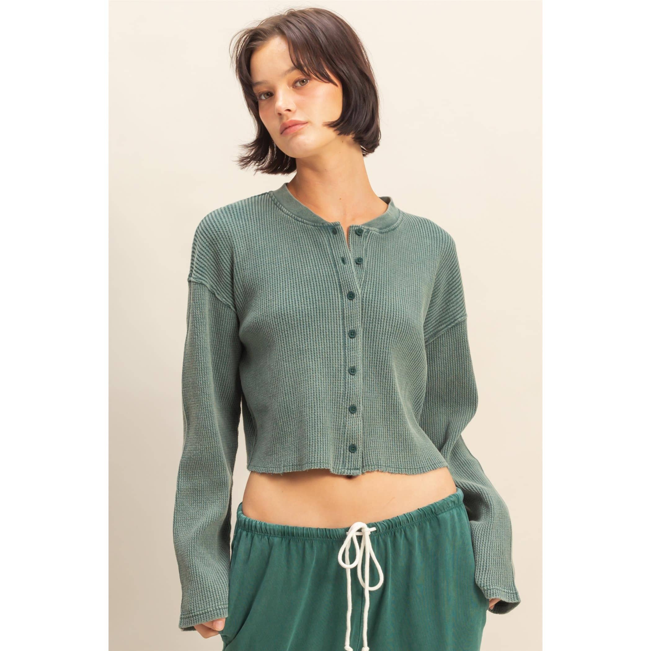 Waffle Long Sleeve Buttoned Crop Top
